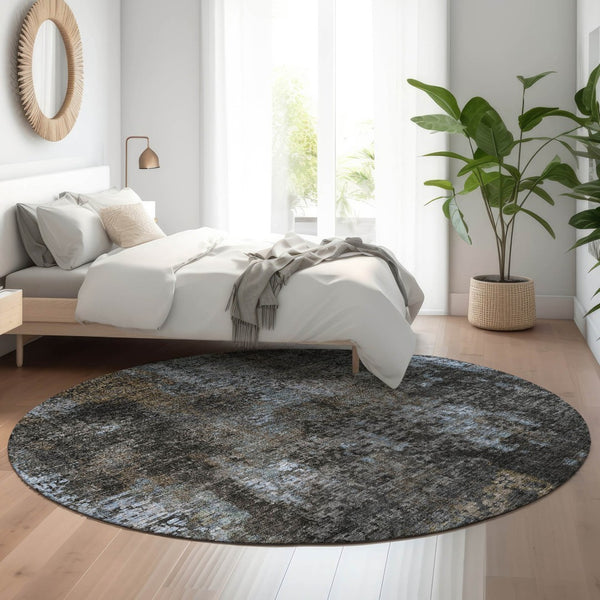 HomeRoots 8' Graphite Blue & Copper Abstract Round Rug - Washable, UV Protected, Durable for High-Traffic Areas 666260