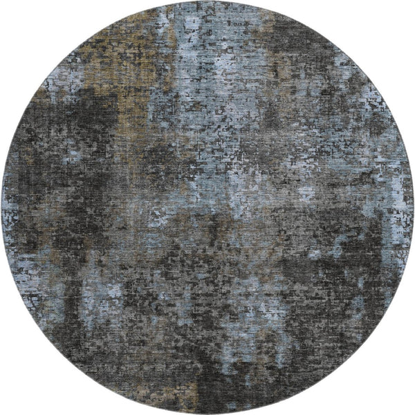 HomeRoots 8' Graphite Blue & Copper Abstract Round Rug - Washable, UV Protected, Durable for High-Traffic Areas 666260