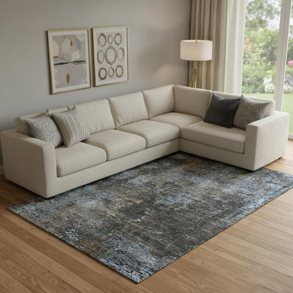 HomeRoots 9' X 12' Graphite Blue & Copper Abstract Area Rug - Washable, UV Protected, Durable for Homes 666262