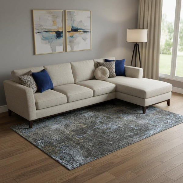 HomeRoots 10' X 14' Graphite Blue & Copper Abstract Washable Area Rug - Stylish, Durable, UV Protected Design 666263