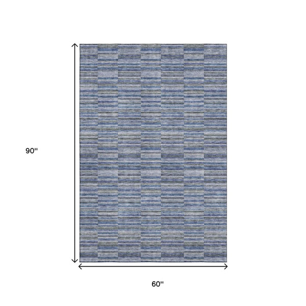 HomeRoots 5' X 8' Navy Blue & Gray Striped Area Rug with UV Protection – Durable, Stain-Resistant, Easy Care! 666265