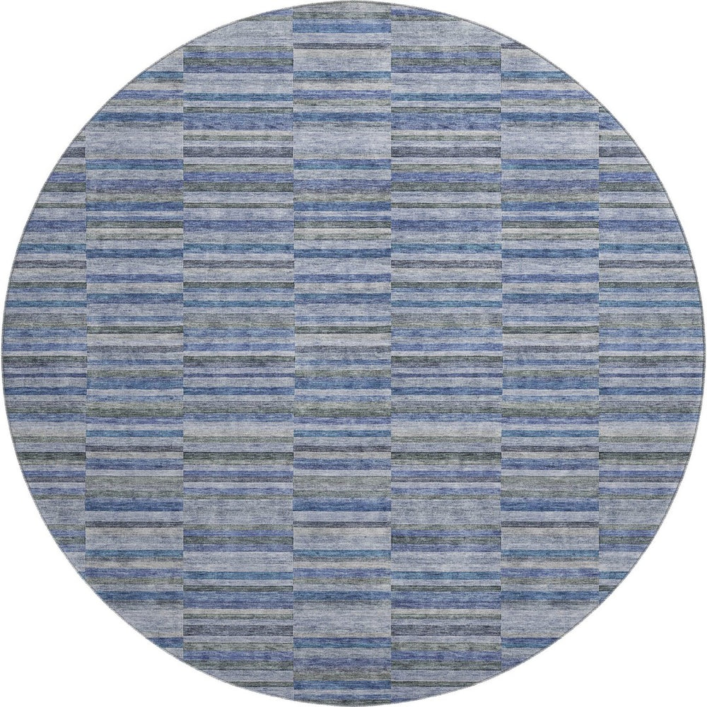HomeRoots 8' Navy Blue & Gray Striped Round Rug - Washable, UV Protected, Stain Resistant for High Traffic Areas 666266