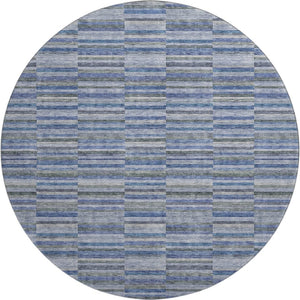 HomeRoots 8' Navy Blue & Gray Striped Round Rug - Washable, UV Protected, Stain Resistant for High Traffic Areas 666266