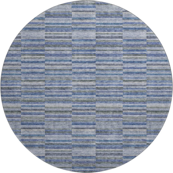 HomeRoots 8' Navy Blue & Gray Striped Round Rug - Washable, UV Protected, Stain Resistant for High Traffic Areas 666266