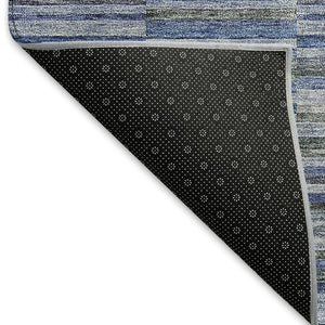 HomeRoots 8' Navy Blue & Gray Striped Round Rug - Washable, UV Protected, Stain Resistant for High Traffic Areas 666266