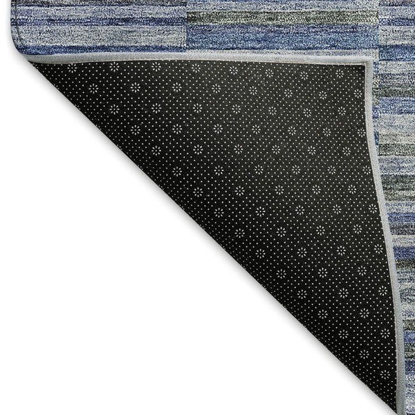 HomeRoots 8' Navy Blue & Gray Striped Round Rug - Washable, UV Protected, Stain Resistant for High Traffic Areas 666266