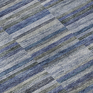 HomeRoots 8' Navy Blue & Gray Striped Round Rug - Washable, UV Protected, Stain Resistant for High Traffic Areas 666266