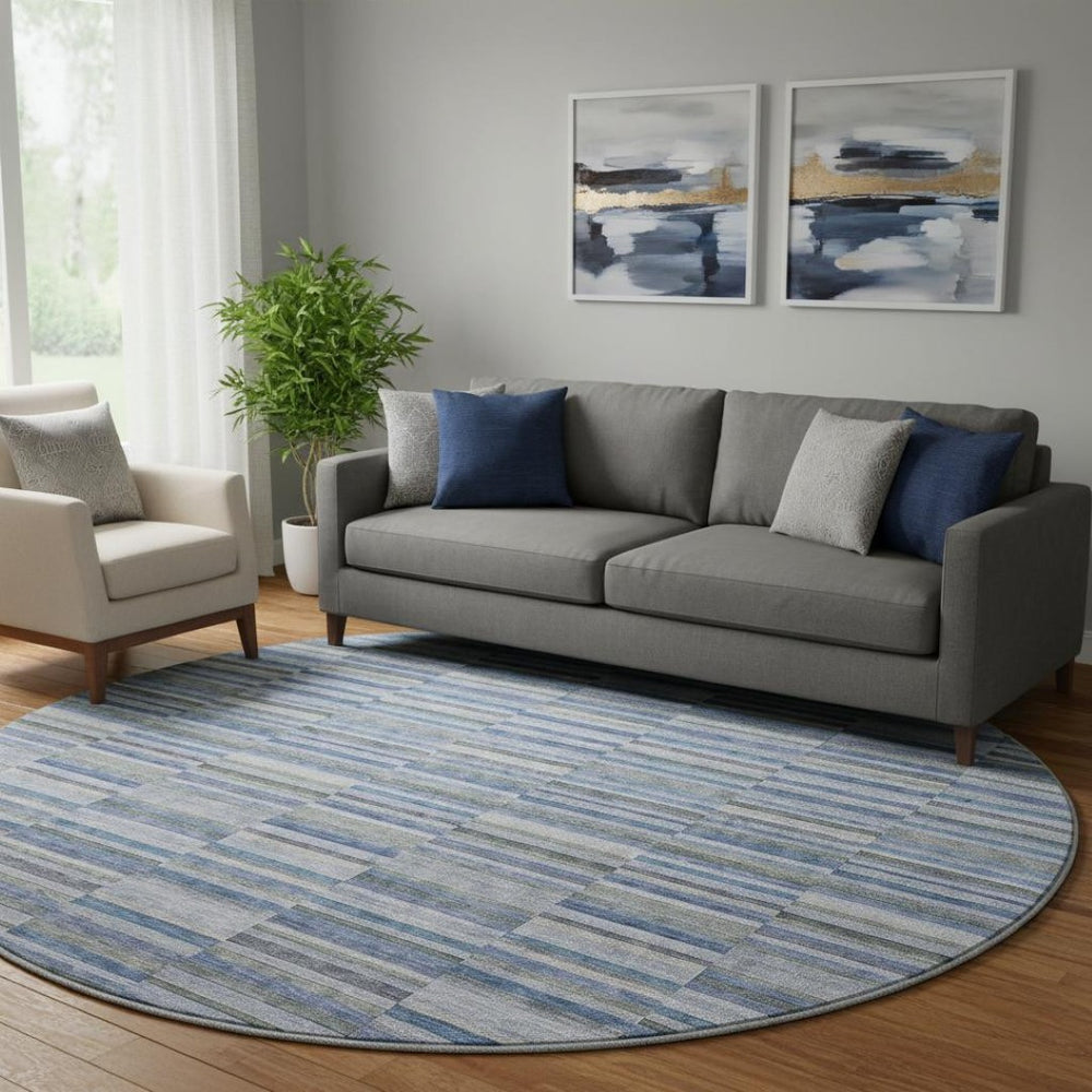 HomeRoots 8' Navy Blue & Gray Striped Round Rug - Washable, UV Protected, Stain Resistant for High Traffic Areas 666266