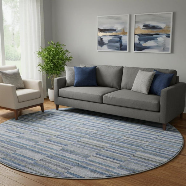 HomeRoots 8' Navy Blue & Gray Striped Round Rug - Washable, UV Protected, Stain Resistant for High Traffic Areas 666266