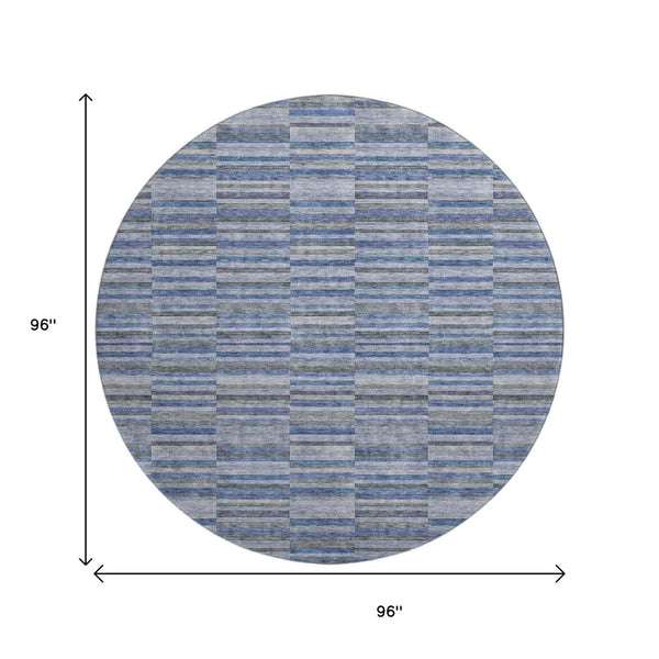 HomeRoots 8' Navy Blue & Gray Striped Round Rug - Washable, UV Protected, Stain Resistant for High Traffic Areas 666266
