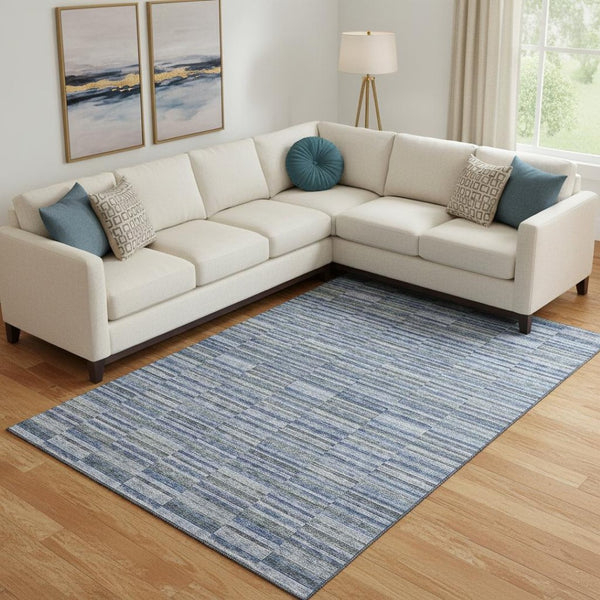 HomeRoots 8' X 10' Navy Blue & Gray Striped Area Rug - Washable, Stain-Resistant, UV Protected for Durability 666267