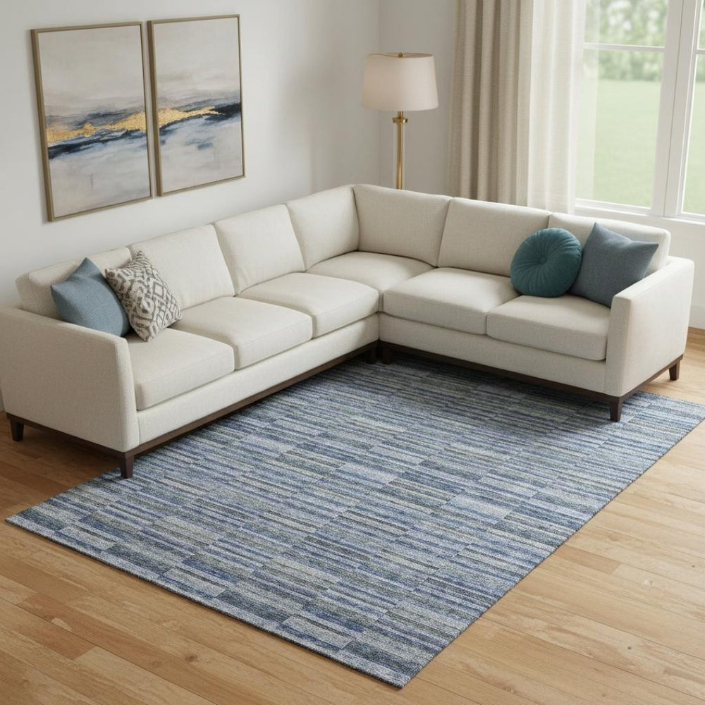 HomeRoots 9' X 12' Navy Blue and Gray Striped Washable Area Rug with UV Protection for Homes & Pets 666268