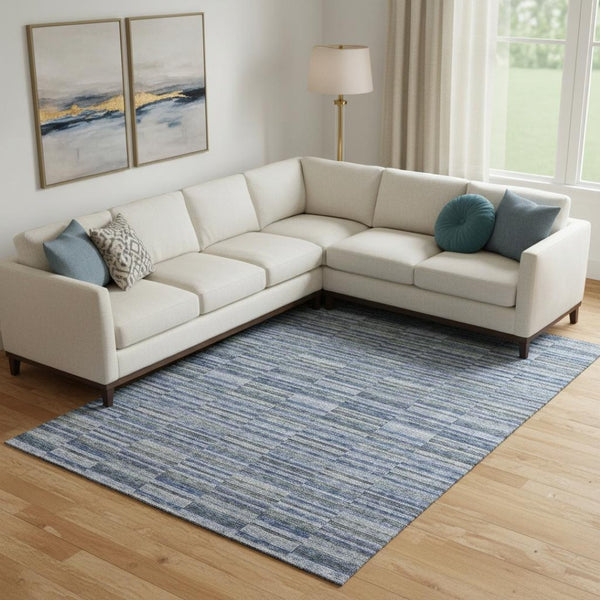 HomeRoots 9' X 12' Navy Blue and Gray Striped Washable Area Rug with UV Protection for Homes & Pets 666268