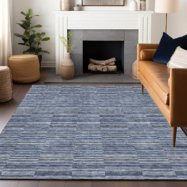 HomeRoots 9' X 12' Navy Blue and Gray Striped Washable Area Rug with UV Protection for Homes & Pets 666268