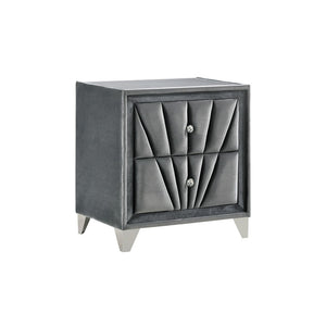 English Elm Fabric Art Deco Velvet Nightstand with 2 Drawers, Gray — Glam Vintage Upholstery, Chrome Feet, Diamond Pulls B016P252815