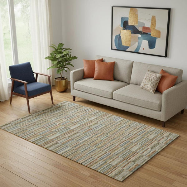 HomeRoots 5' X 8' Washable Rust Beige & Gray Striped Area Rug - UV Protected, Durable, Pet-Friendly Design 666277