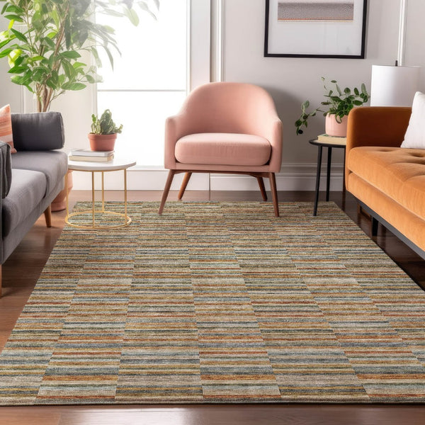 HomeRoots 5' X 8' Washable Rust Beige & Gray Striped Area Rug - UV Protected, Durable, Pet-Friendly Design 666277