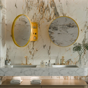 English Elm 23.6 Inch Round Matte Metal Medicine Cabinet with Mirrored Door and Adjustable Shelves Golden W1435P312262