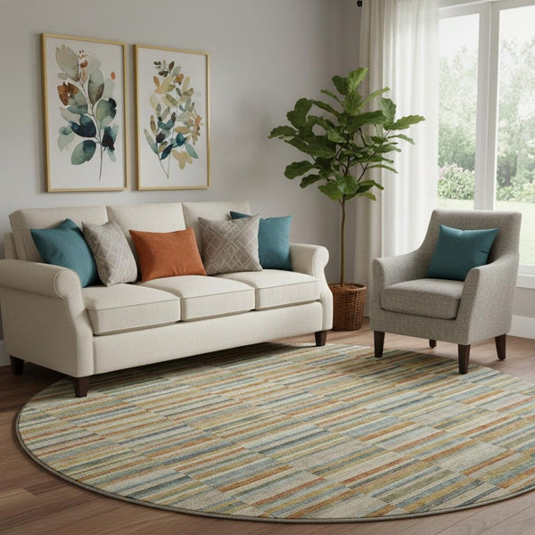 HomeRoots 8' Rust Beige and Gray Striped Washable Round Rug - Durable, UV-Protected, Stain-Resistant Design 666278