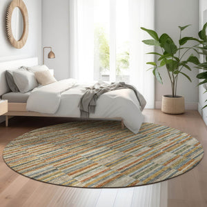 HomeRoots 8' Rust Beige and Gray Striped Washable Round Rug - Durable, UV-Protected, Stain-Resistant Design 666278