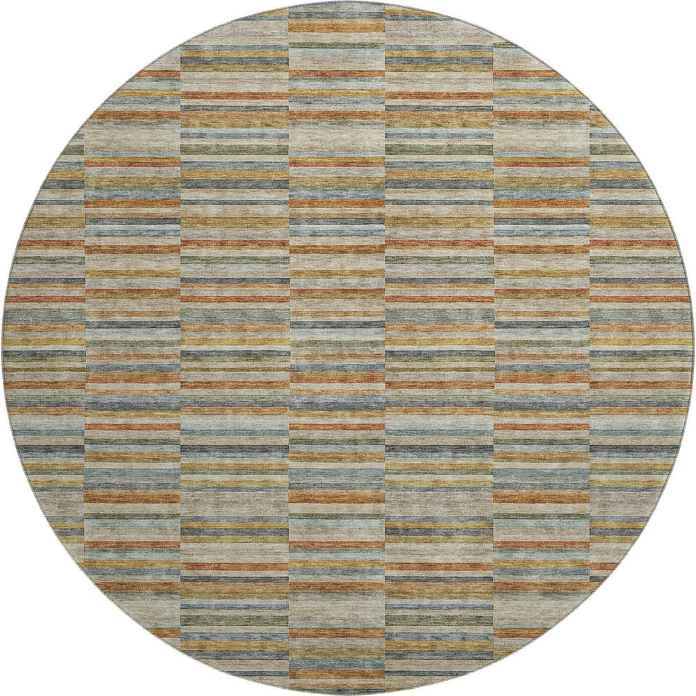 HomeRoots 8' Rust Beige and Gray Striped Washable Round Rug - Durable, UV-Protected, Stain-Resistant Design 666278