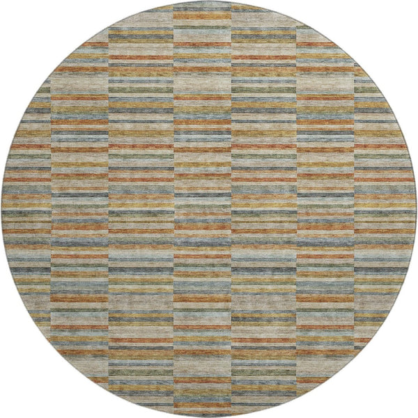 HomeRoots 8' Rust Beige and Gray Striped Washable Round Rug - Durable, UV-Protected, Stain-Resistant Design 666278
