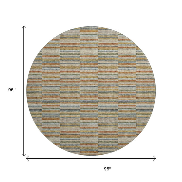 HomeRoots 8' Rust Beige and Gray Striped Washable Round Rug - Durable, UV-Protected, Stain-Resistant Design 666278