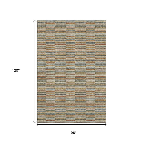 HomeRoots 8' X 10' Striped Washable Area Rug in Rust, Beige & Gray - Durable, Stain-Resistant & UV-Protected! 666279