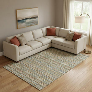 HomeRoots 8' X 10' Striped Washable Area Rug in Rust, Beige & Gray - Durable, Stain-Resistant & UV-Protected! 666279