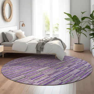HomeRoots 8' Purple and Gray Striped Washable Round Rug - Durable, UV-Protected, Kid-Friendly Home Decor Piece 666284