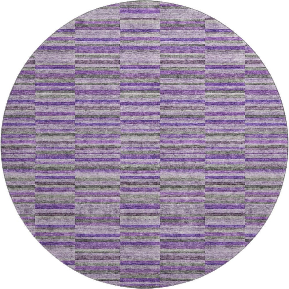 HomeRoots 8' Purple and Gray Striped Washable Round Rug - Durable, UV-Protected, Kid-Friendly Home Decor Piece 666284