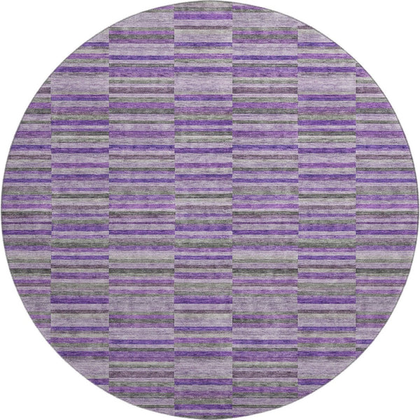 HomeRoots 8' Purple and Gray Striped Washable Round Rug - Durable, UV-Protected, Kid-Friendly Home Decor Piece 666284