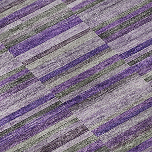 HomeRoots 8' Purple and Gray Striped Washable Round Rug - Durable, UV-Protected, Kid-Friendly Home Decor Piece 666284
