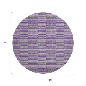 HomeRoots 8' Purple and Gray Striped Washable Round Rug - Durable, UV-Protected, Kid-Friendly Home Decor Piece 666284