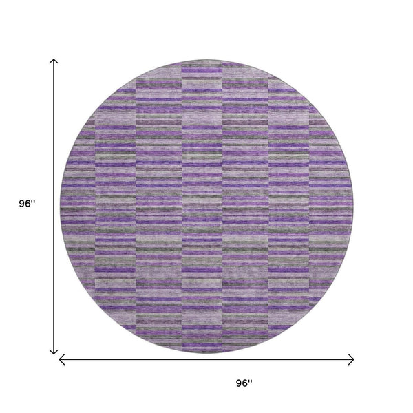 HomeRoots 8' Purple and Gray Striped Washable Round Rug - Durable, UV-Protected, Kid-Friendly Home Decor Piece 666284