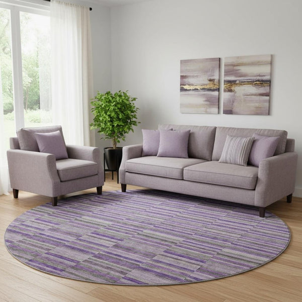 HomeRoots 8' Purple and Gray Striped Washable Round Rug - Durable, UV-Protected, Kid-Friendly Home Decor Piece 666284