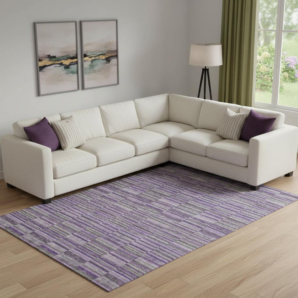 HomeRoots 8' X 10' Stylish Purple and Gray Striped Washable Area Rug with UV Protection for High-Traffic Spaces 666285
