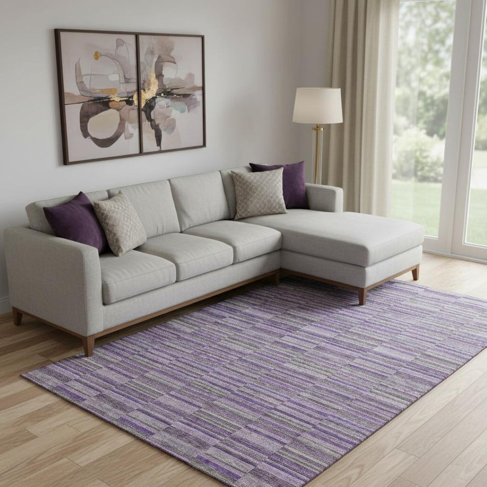 HomeRoots 9' X 12' Purple and Gray Striped Area Rug - Washable, UV Protected, Perfect for Indoor & Outdoor Use! 666286