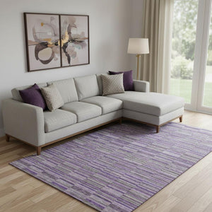 HomeRoots 9' X 12' Purple and Gray Striped Area Rug - Washable, UV Protected, Perfect for Indoor & Outdoor Use! 666286