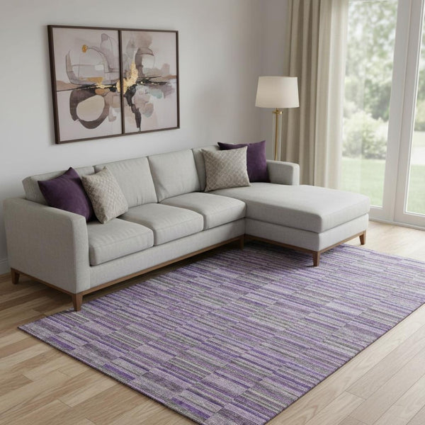 HomeRoots 9' X 12' Purple and Gray Striped Area Rug - Washable, UV Protected, Perfect for Indoor & Outdoor Use! 666286