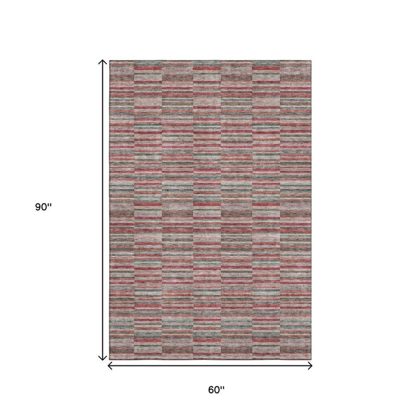 HomeRoots 5' Transitional Striped Area Rug in Red, Beige & Copper – Washable, UV Protected, Durable Design 666289