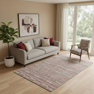 HomeRoots 5' Transitional Striped Area Rug in Red, Beige & Copper – Washable, UV Protected, Durable Design 666289