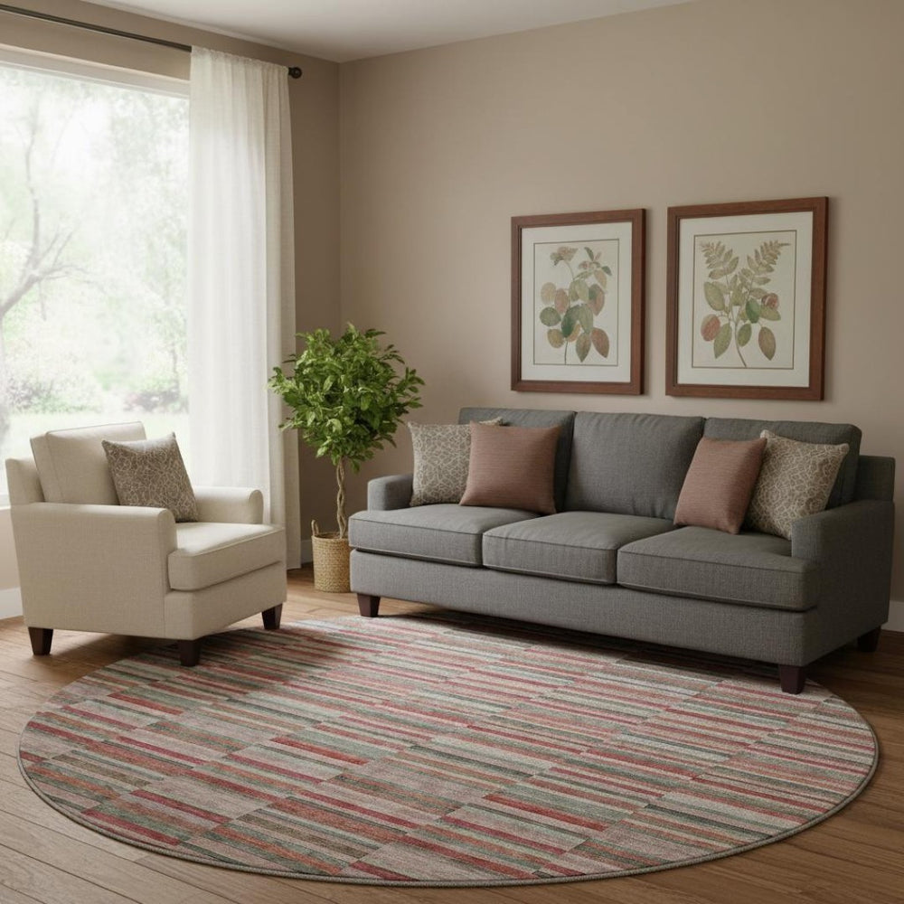 HomeRoots 8' Striped Washable Round Rug in Red, Beige & Copper – UV Protected, Stain Resistant, Durable Décor 666290