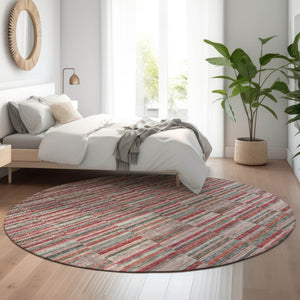 HomeRoots 8' Striped Washable Round Rug in Red, Beige & Copper – UV Protected, Stain Resistant, Durable Décor 666290