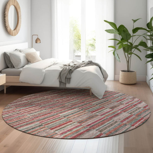 HomeRoots 8' Striped Washable Round Rug in Red, Beige & Copper – UV Protected, Stain Resistant, Durable Décor 666290