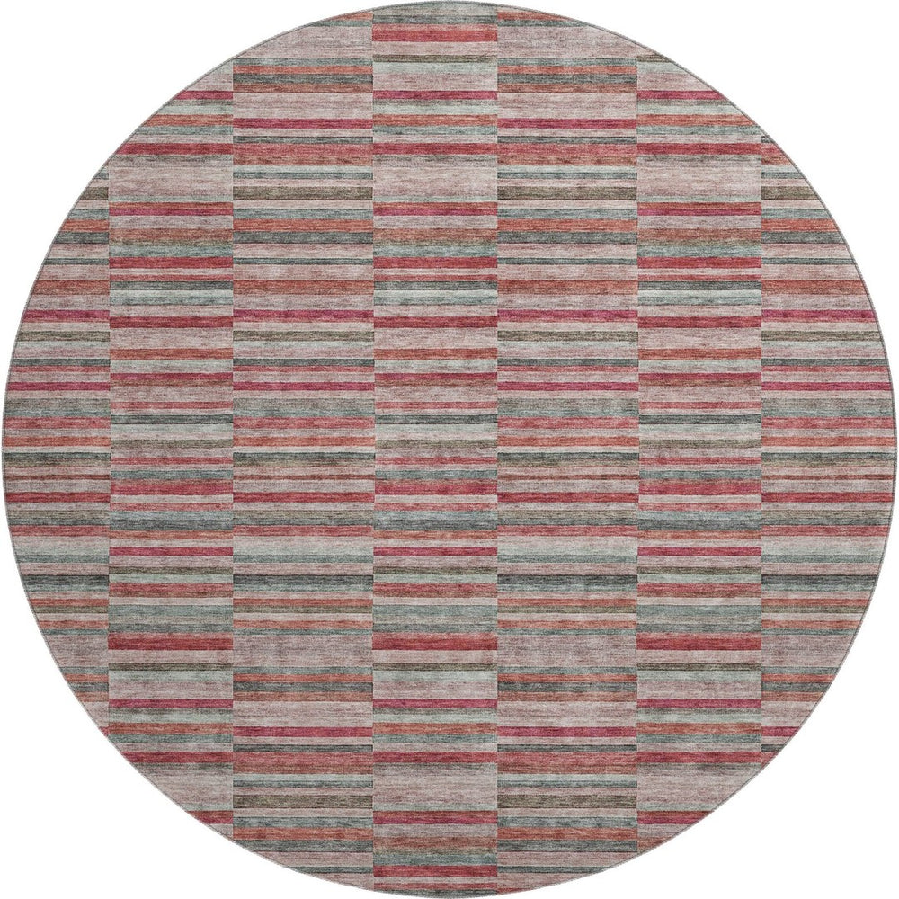 HomeRoots 8' Striped Washable Round Rug in Red, Beige & Copper – UV Protected, Stain Resistant, Durable Décor 666290
