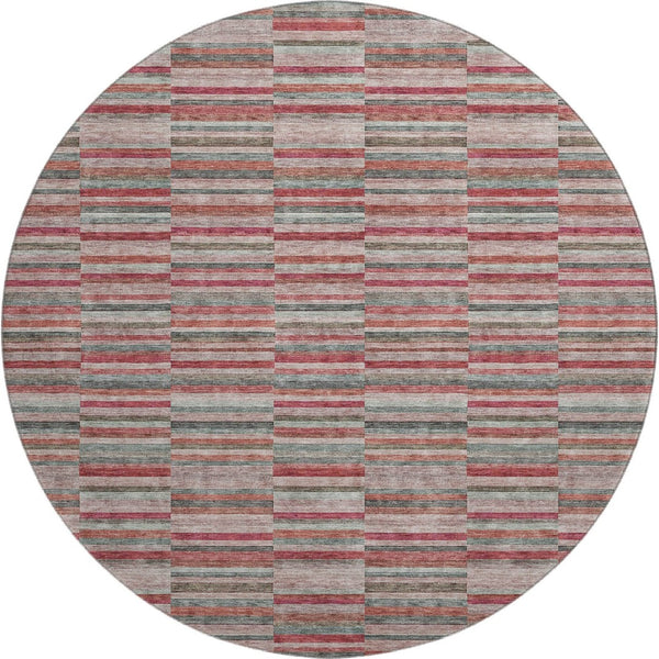 HomeRoots 8' Striped Washable Round Rug in Red, Beige & Copper – UV Protected, Stain Resistant, Durable Décor 666290
