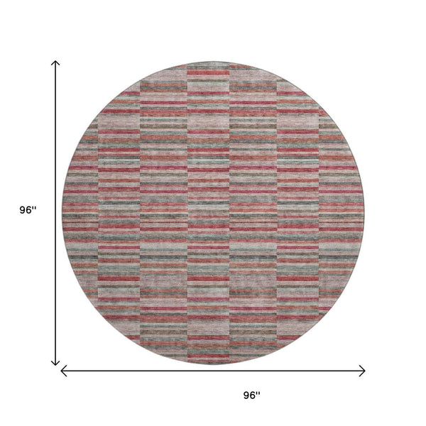 HomeRoots 8' Striped Washable Round Rug in Red, Beige & Copper – UV Protected, Stain Resistant, Durable Décor 666290