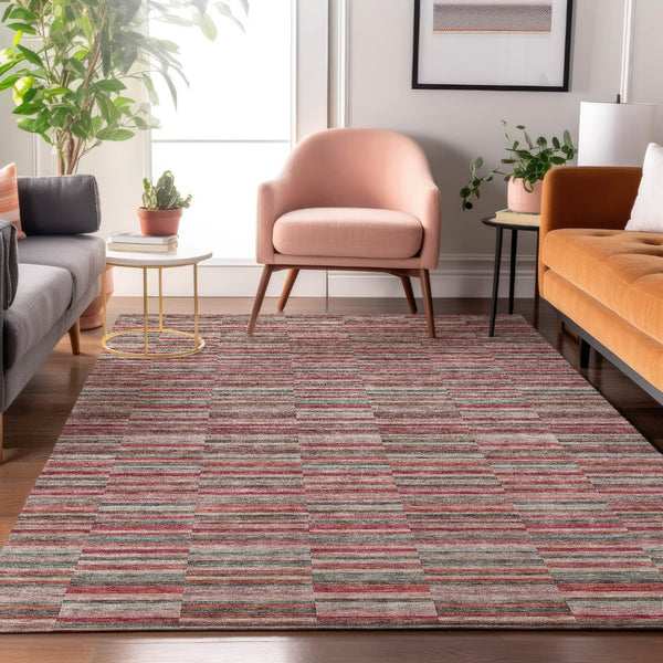 HomeRoots 8' X 10' Striped Area Rug in Red, Beige & Copper - Washable, Durable & UV-Protected for Homes 666291