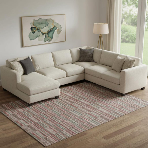 HomeRoots 8' X 10' Striped Area Rug in Red, Beige & Copper - Washable, Durable & UV-Protected for Homes 666291